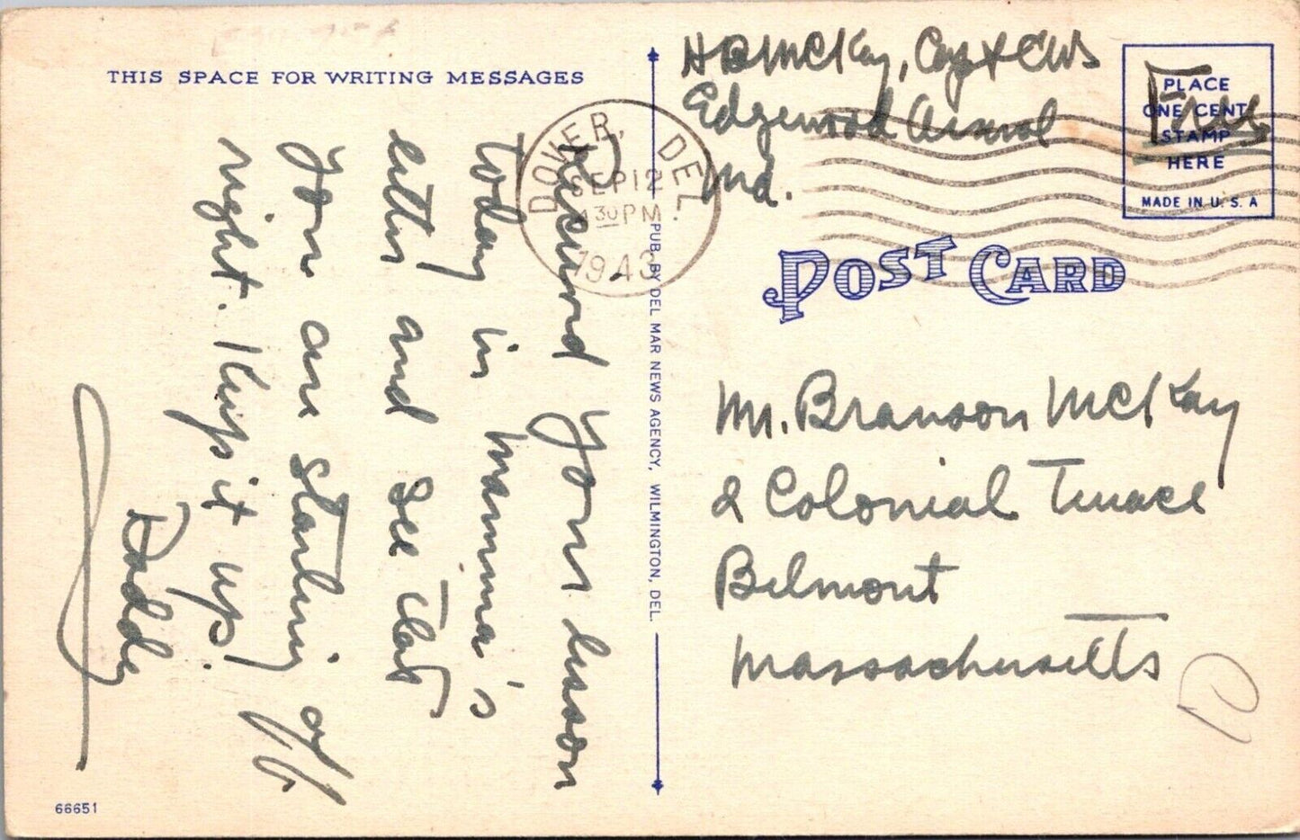 Vintage State House Dover Delaware Postcard 1943 Linen