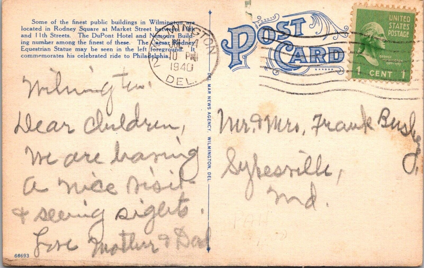 Vintage Postcard Of DuPont Hotel & Nemours Building Wilmington Delaware 1940 1