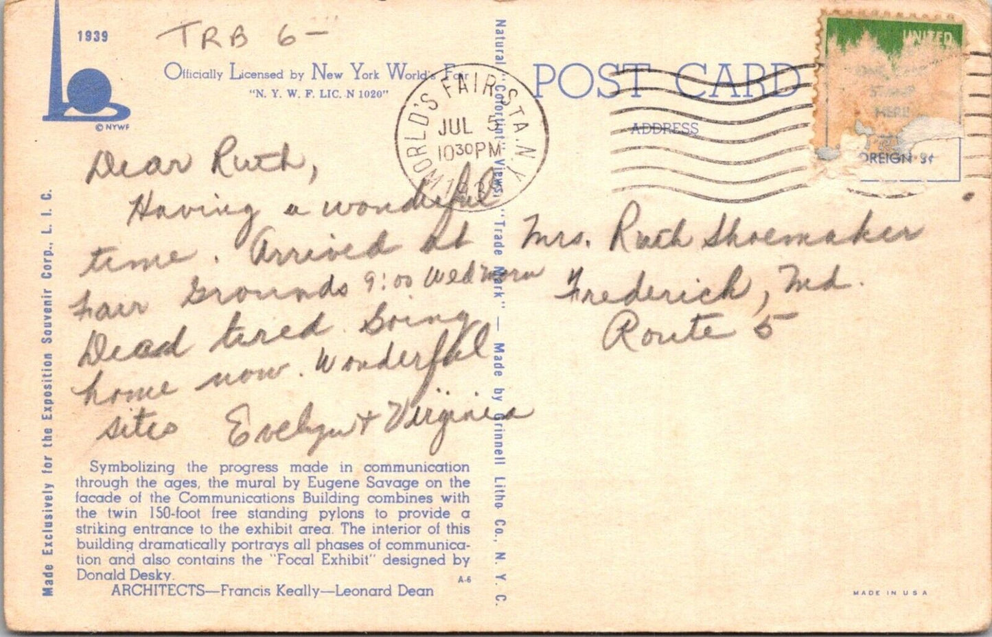 1939 New York Worlds Fair Postcard Communications Building Vintage Collectible