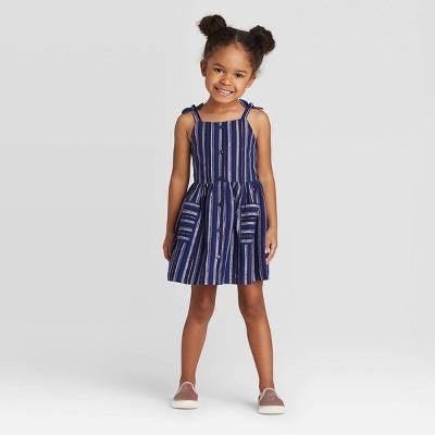 Toddler Girls Tank Top Striped Button Dress with Shine Cat & Jack Navy Blue - 12M - Suthern Picker