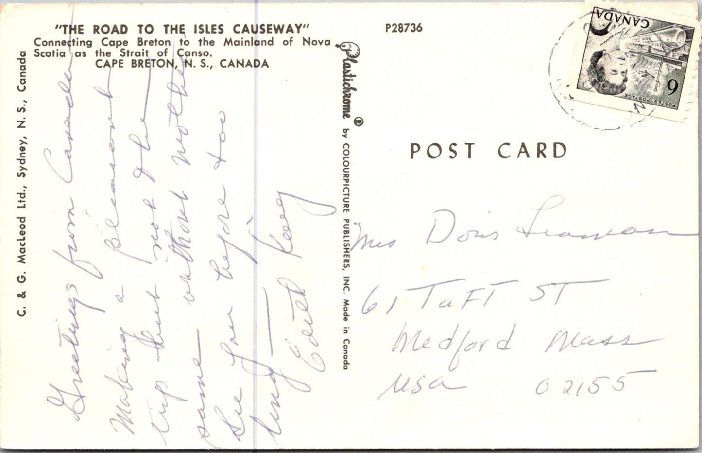 Road To The Isles Causeway Cape Breton Nova Scotia Canada Vintage Postcard 1972