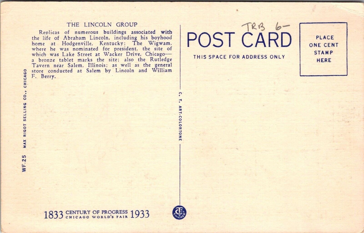 Vintage 1933 Lincoln Group Chicago Worlds Fair Postcard Linen