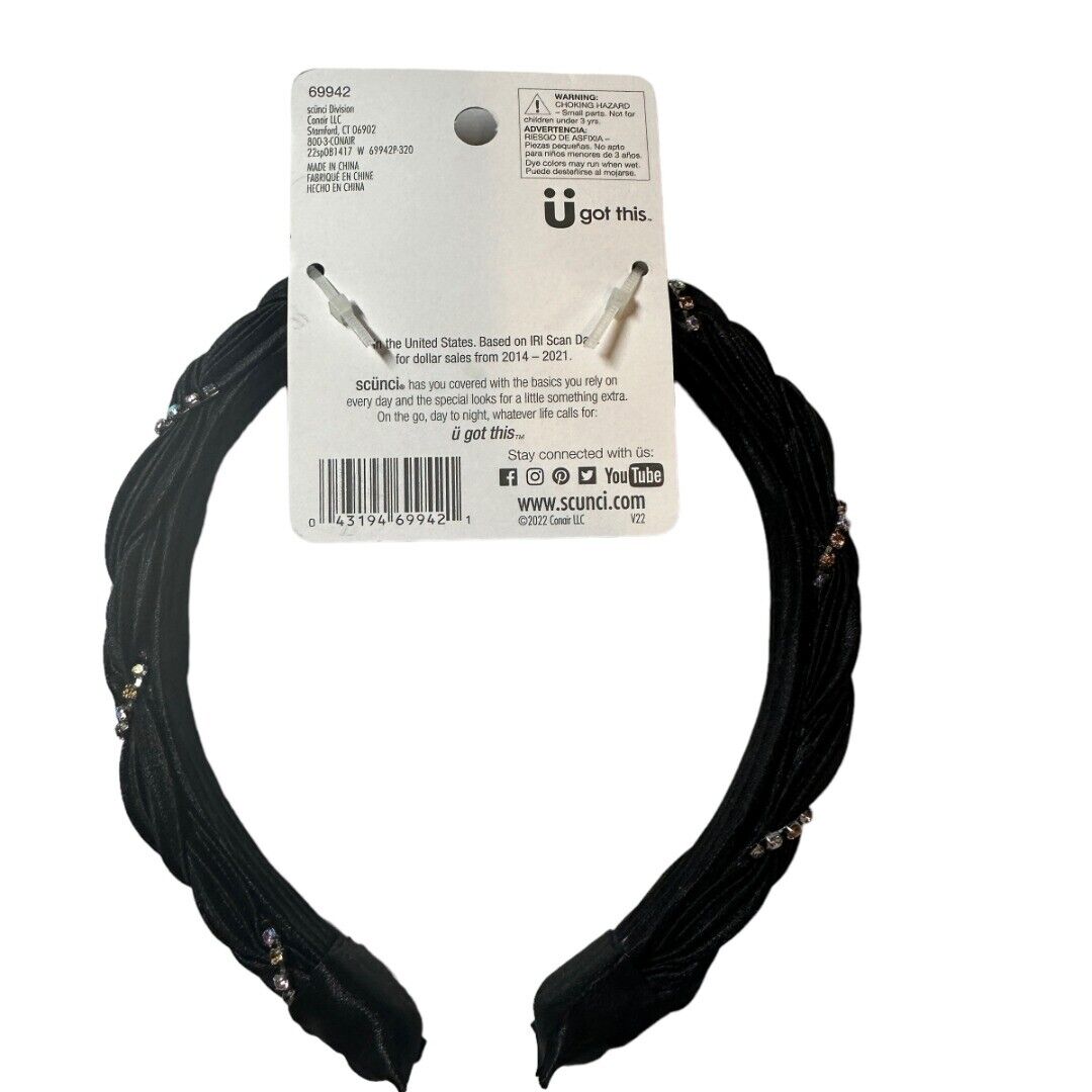 Scunci 1 Piece Headband 69942 Black Fabric With Jewel Stripe Accent