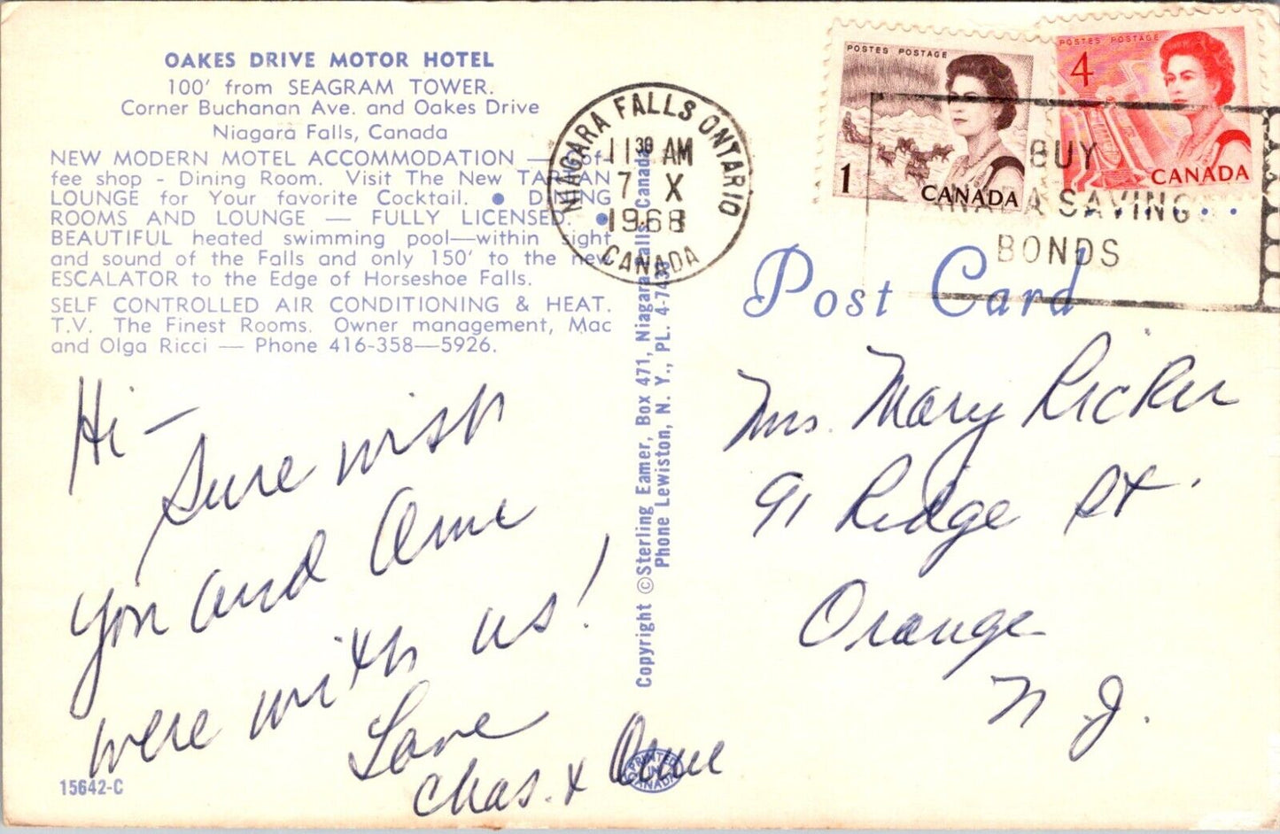 Oakes Drive Motor Hotel Niagara Falls Canada Vintage Post Card Posted 1968