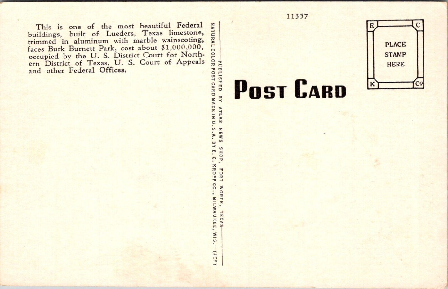 United States Court House in Fort Worth Texas TX Vintage Linen Postcard