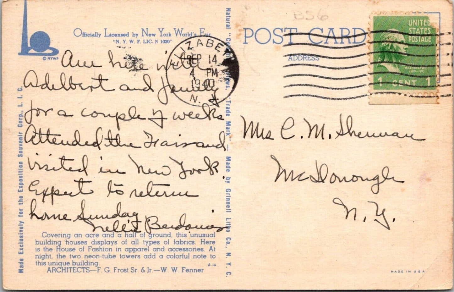Vintage 1939 New York Worlds Fair Postcard Hall Of Fashion Linen Posted DB