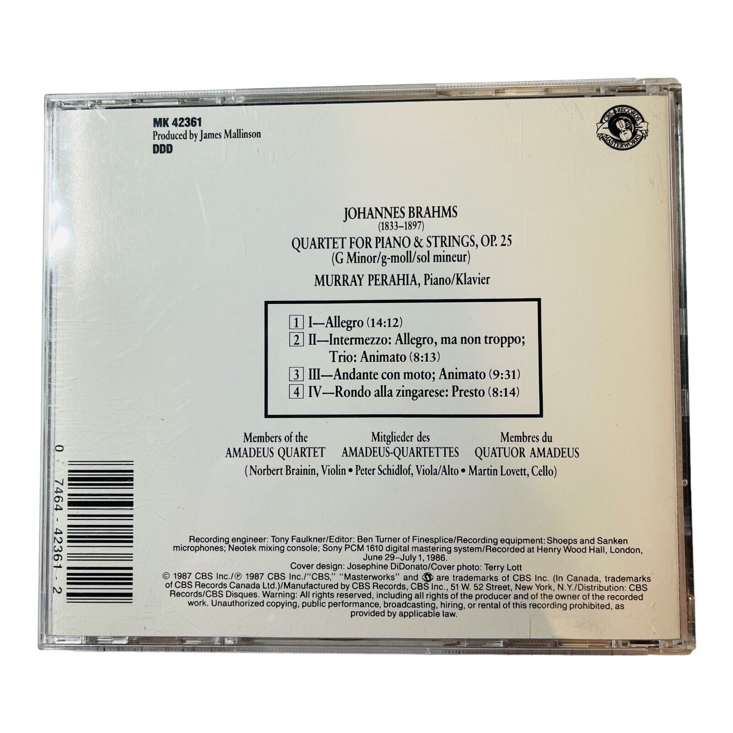 Brahms Piano Quartet Op. 25 Perahia Amadeus Quartet CD