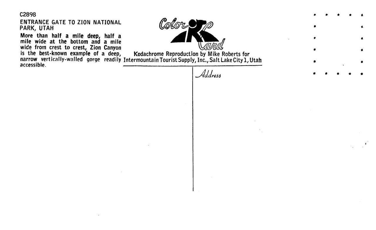 Entrance Gate To Zion National Park Vintage RPPC Postcard Utah Kodachrome Repro - Suthern Picker