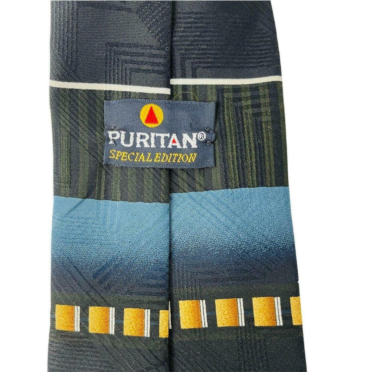 Puritan Men's Neck Tie Geometric Black Blue 100% Polyester Made In USA - Suthern Picker