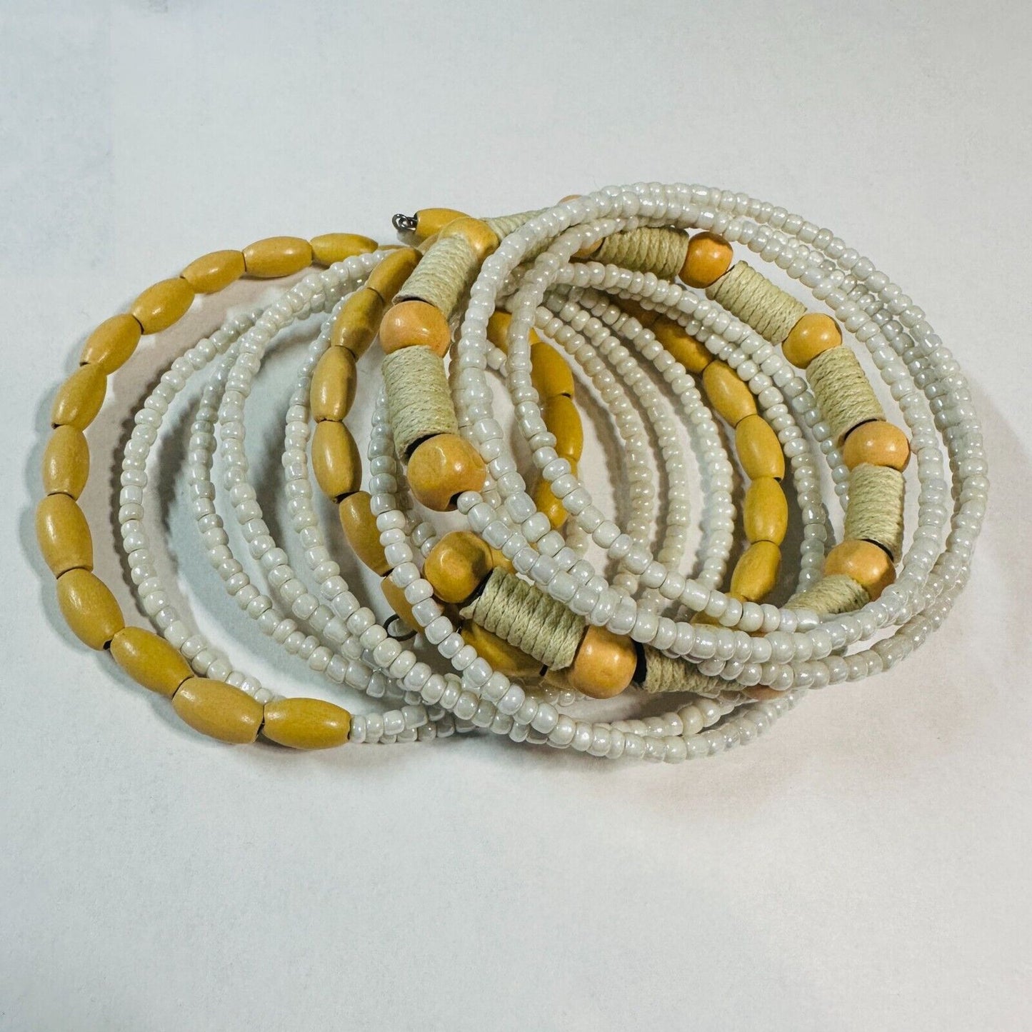 Handmade Wooden and Beaded Bracelet Boho Style Natural Ivory and Yellow Stretch