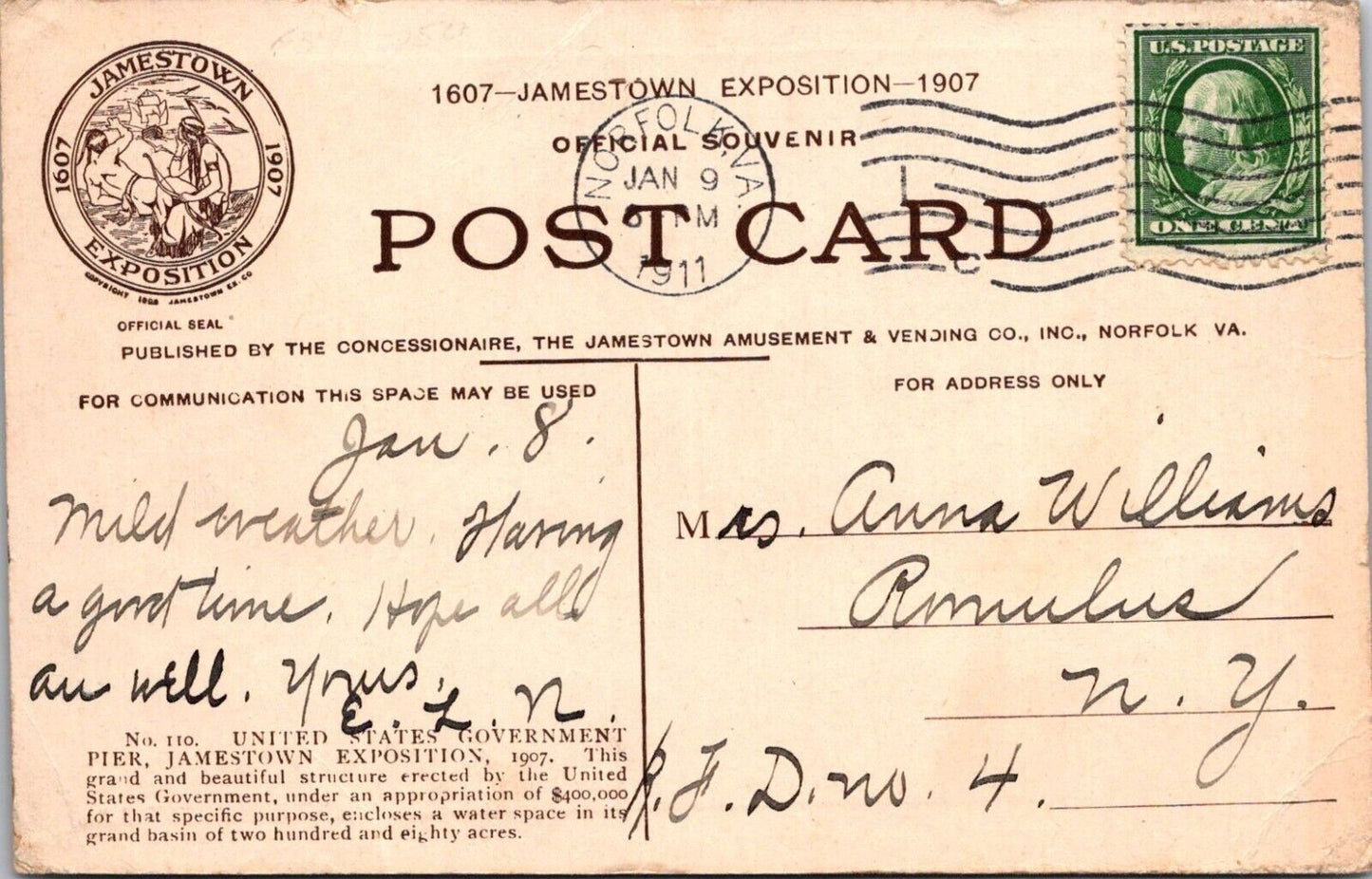 1907 Jamestown Exposition Postcard With Original Stamps & Handwritten Message