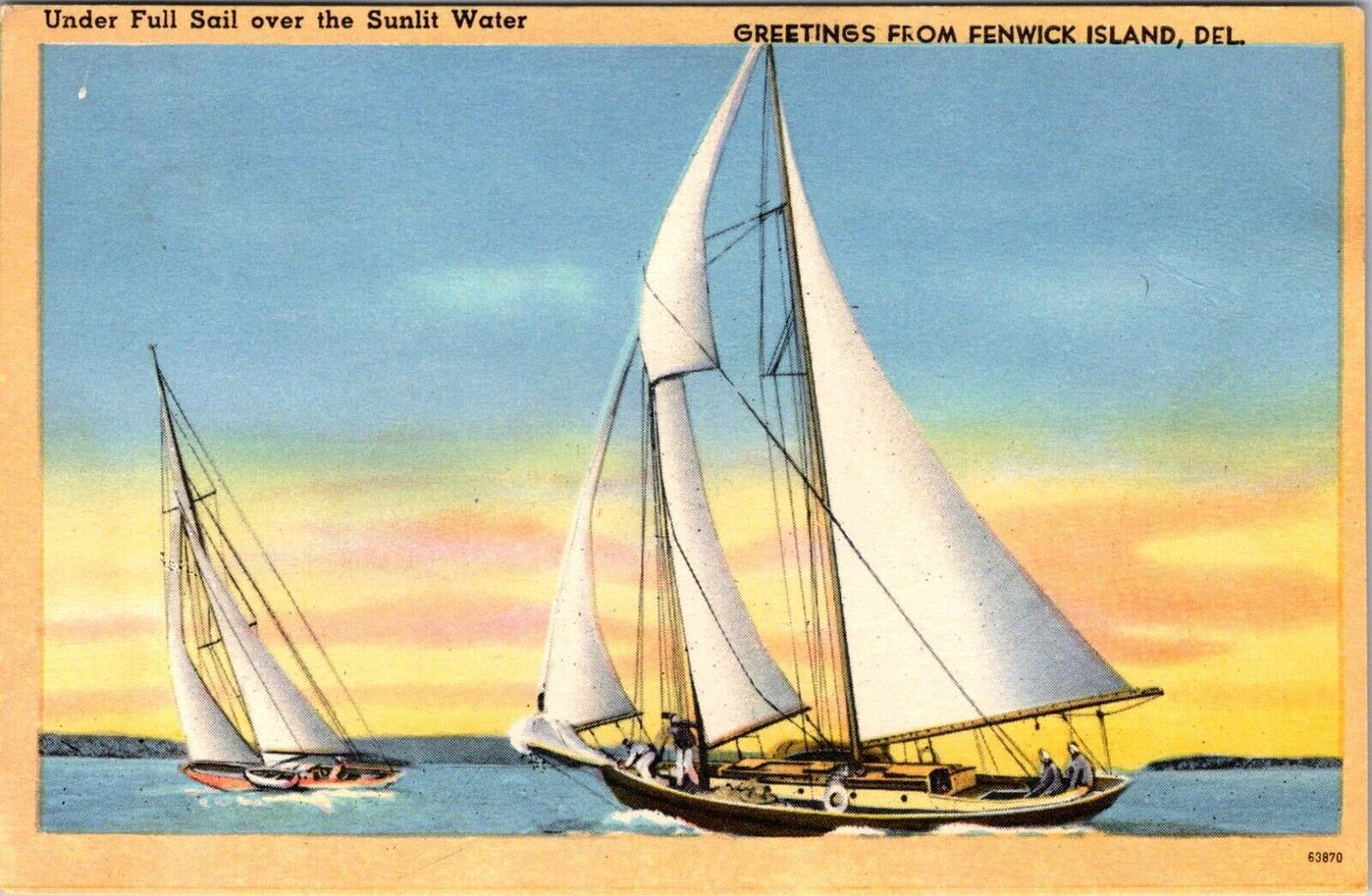 Vintage Tichnor Sailing Postcard "Greetings From Fenwick Island Delaware"