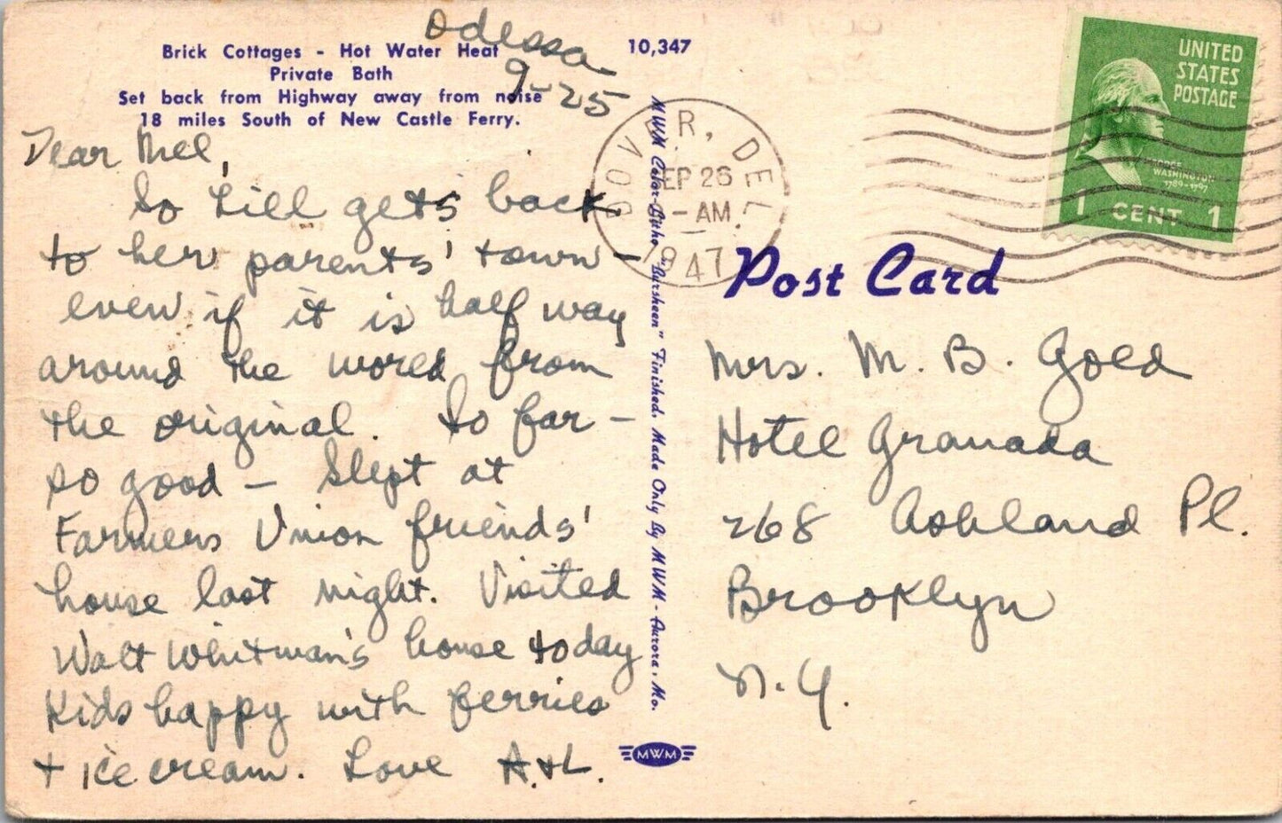Vintage Pleasant Hill Cabins Exterior Postcard Odessa Delaware Linen Posted