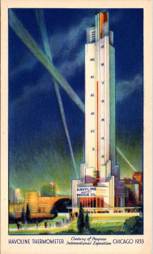 1933 Worlds Tallest Thermometer Postcard Havoline Motor Oil Chicago Worlds Fair