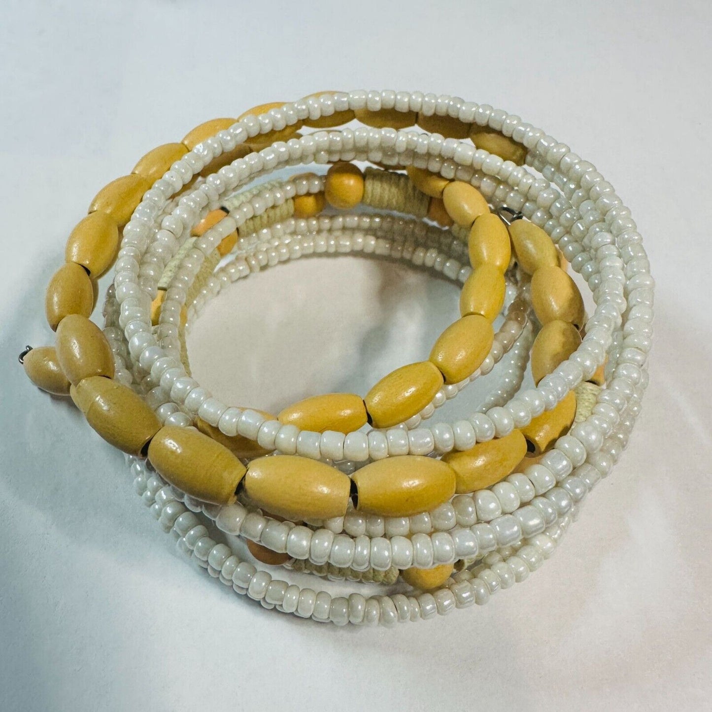 Handmade Wooden and Beaded Bracelet Boho Style Natural Ivory and Yellow Stretch