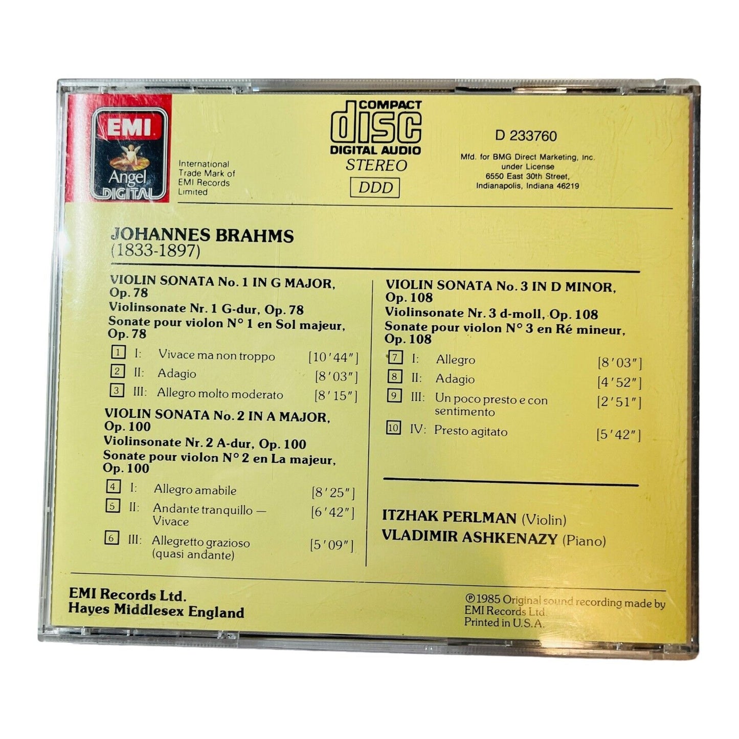 Brahms - Violin Sonatas Nos. 1 - 3 / Perlman & Ashkenazy CD