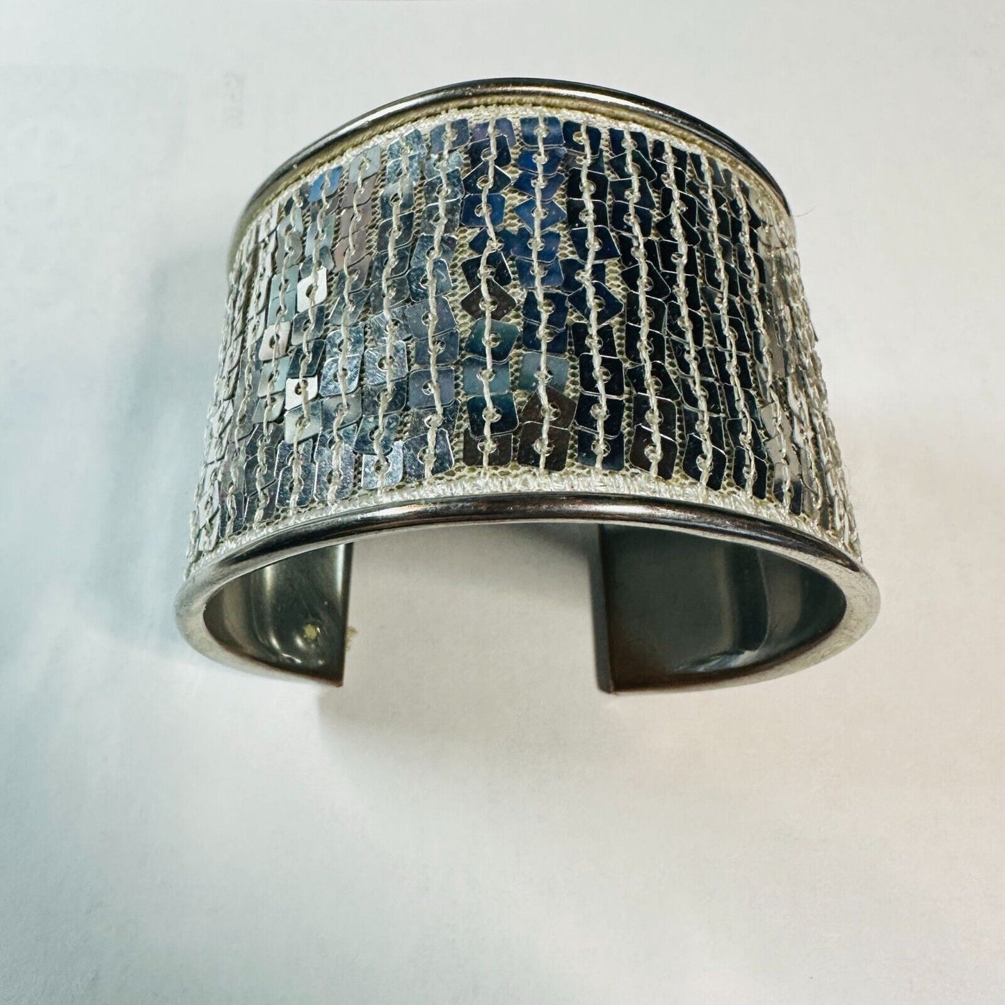Silver Tone Wide Cuff Bracelet with Silver Textured Pattern Adjustable Fits Most