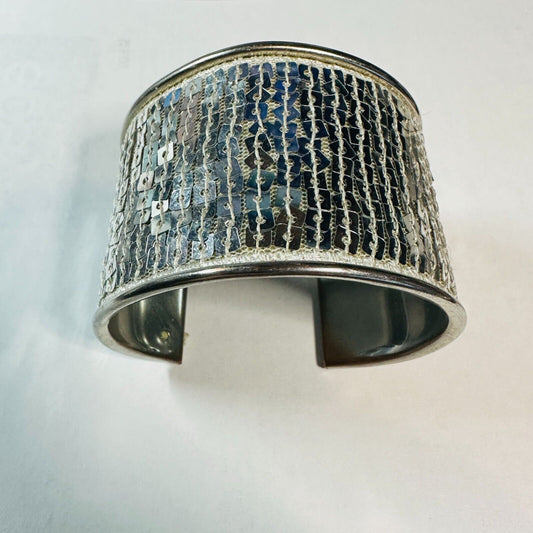 Silver Tone Wide Cuff Bracelet with Silver Textured Pattern Adjustable Fits Most