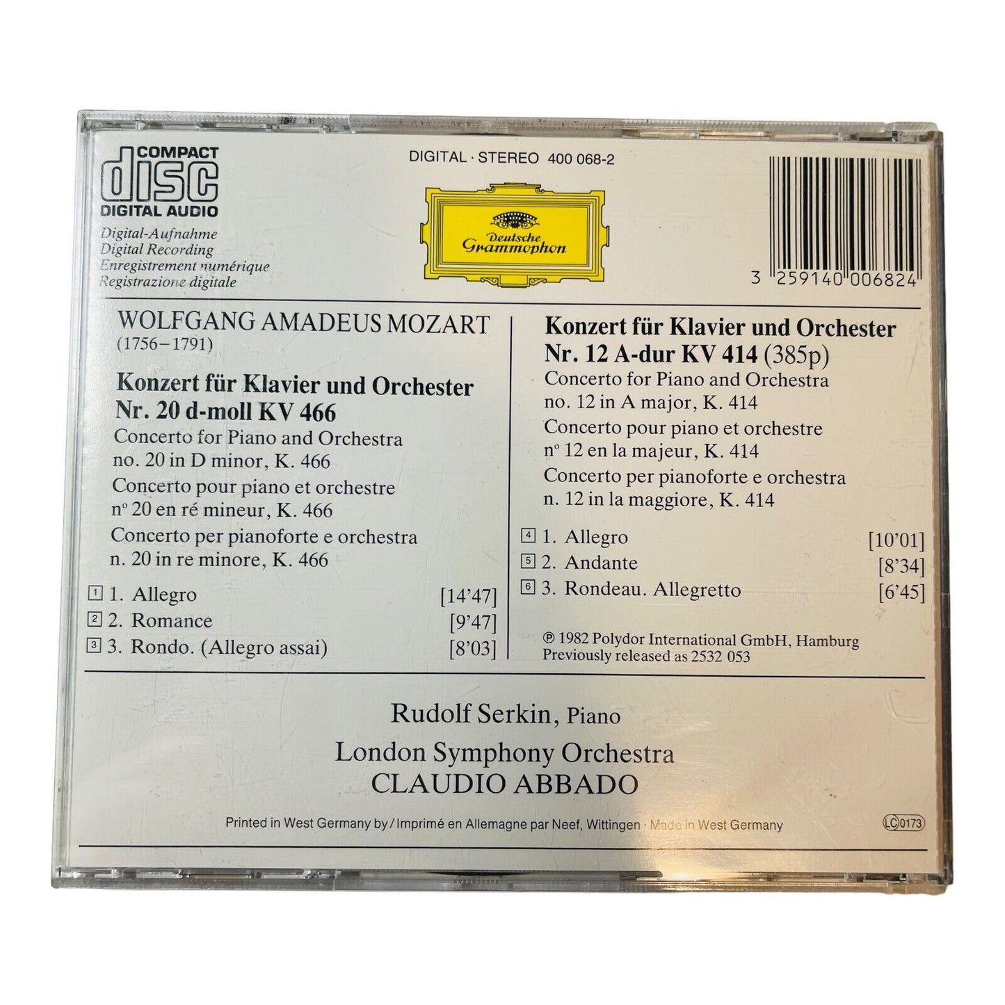 Mozart Klavierkonzerte Piano Concertos 20 & 12 Rudolf Serkin Claudio Abbado CD