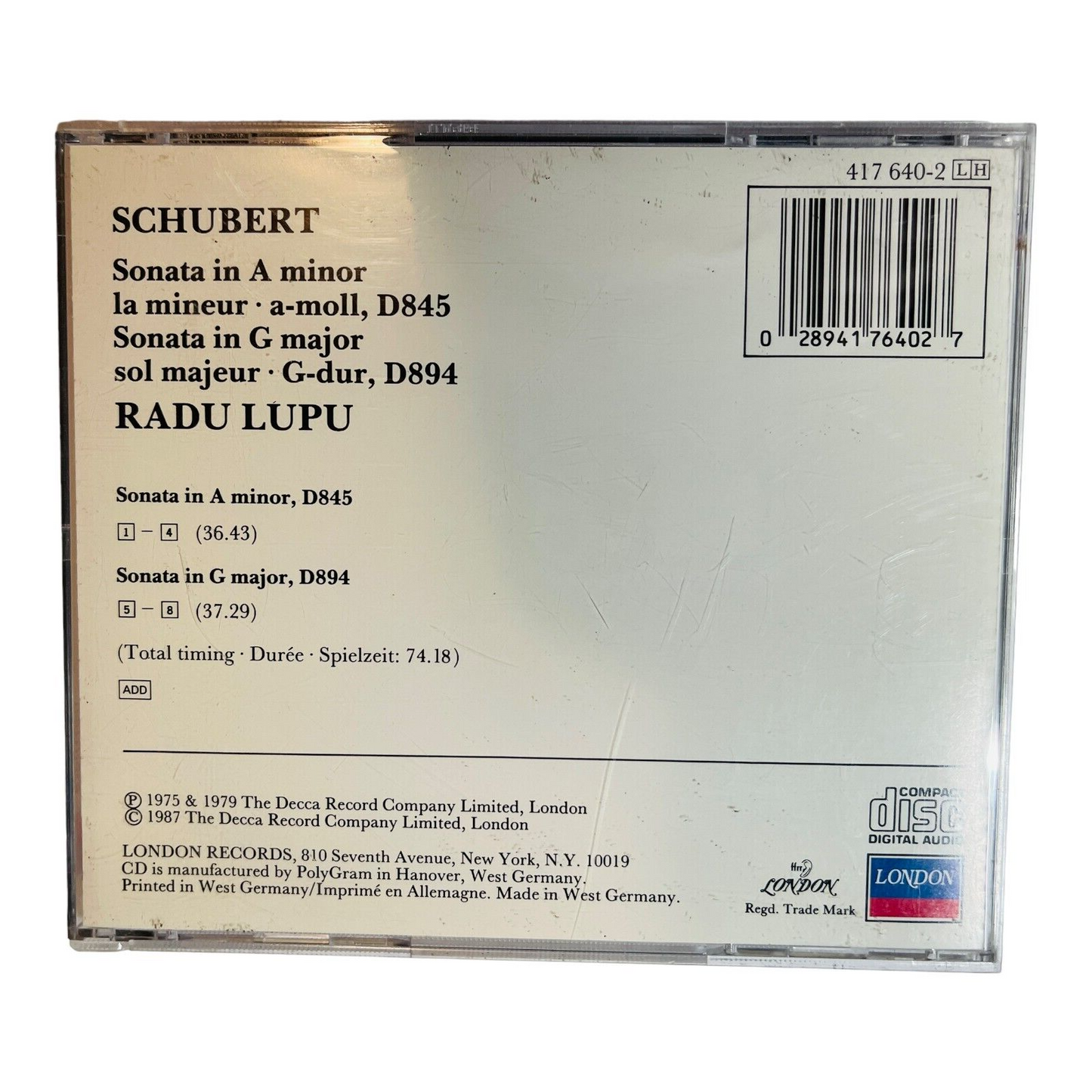 Radu Lupu. Schubert: Sonata in A minor D, Sonata in G major D. 1987 CD