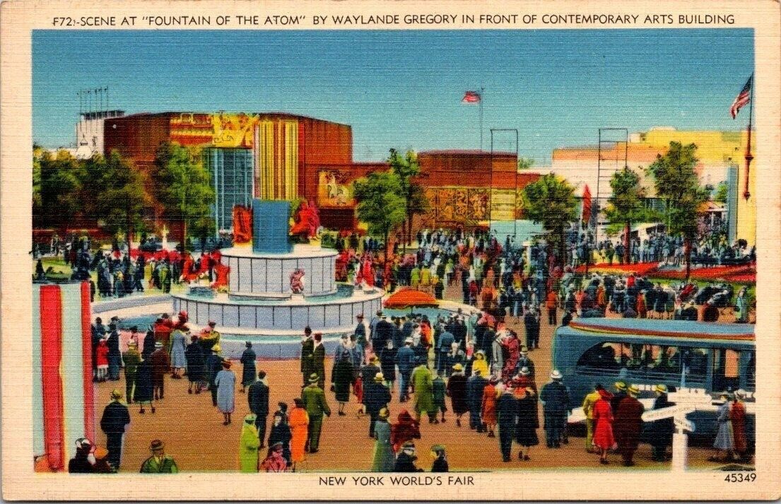 New York Worlds Fair 1939 Linen Postcard Featuring Fountain Of The Atom Gregory