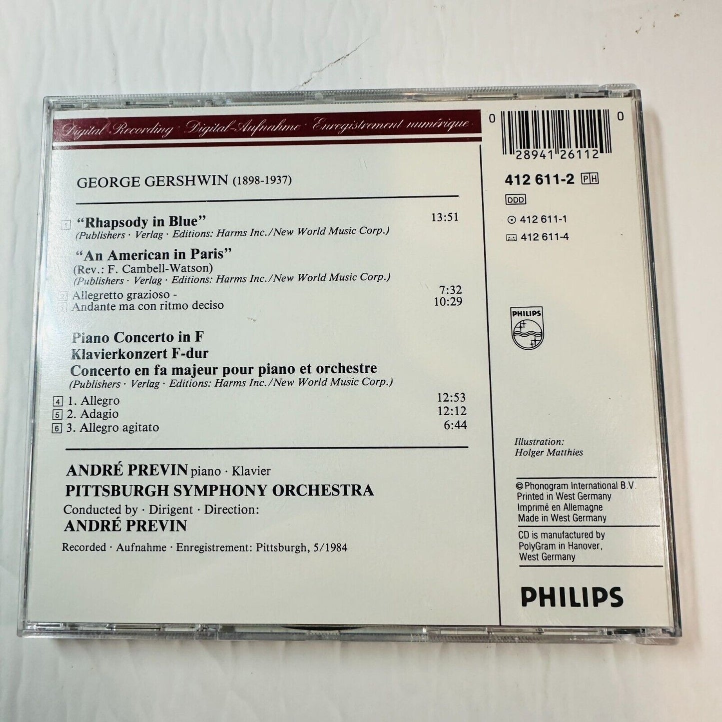 Gershwin: Rhapsody In Blue Piano Concerto In F American Paris Previn Pittsburg