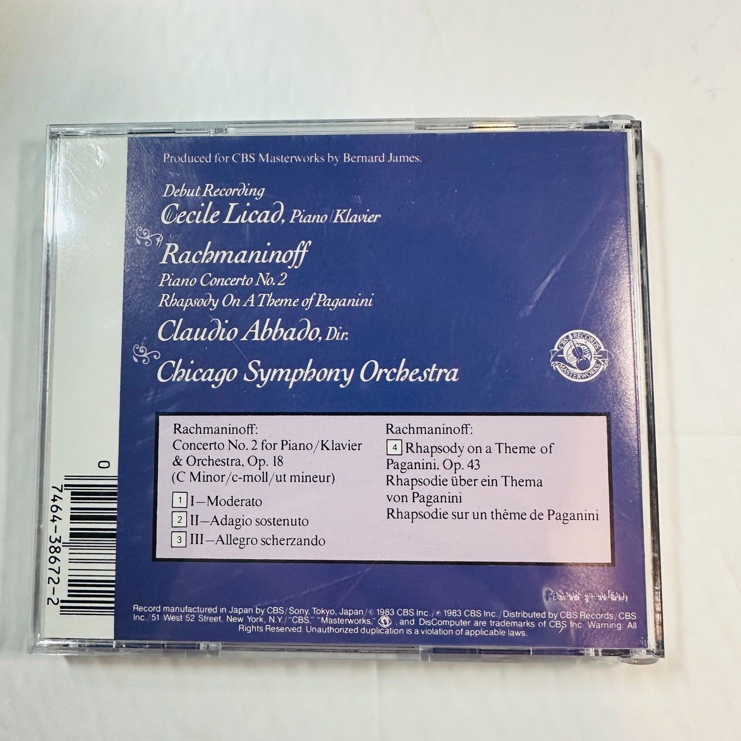 Rachmaninoff Piano Concerto No. 2 Rhapsody On Theme Of Paganini CD Cecile Licad