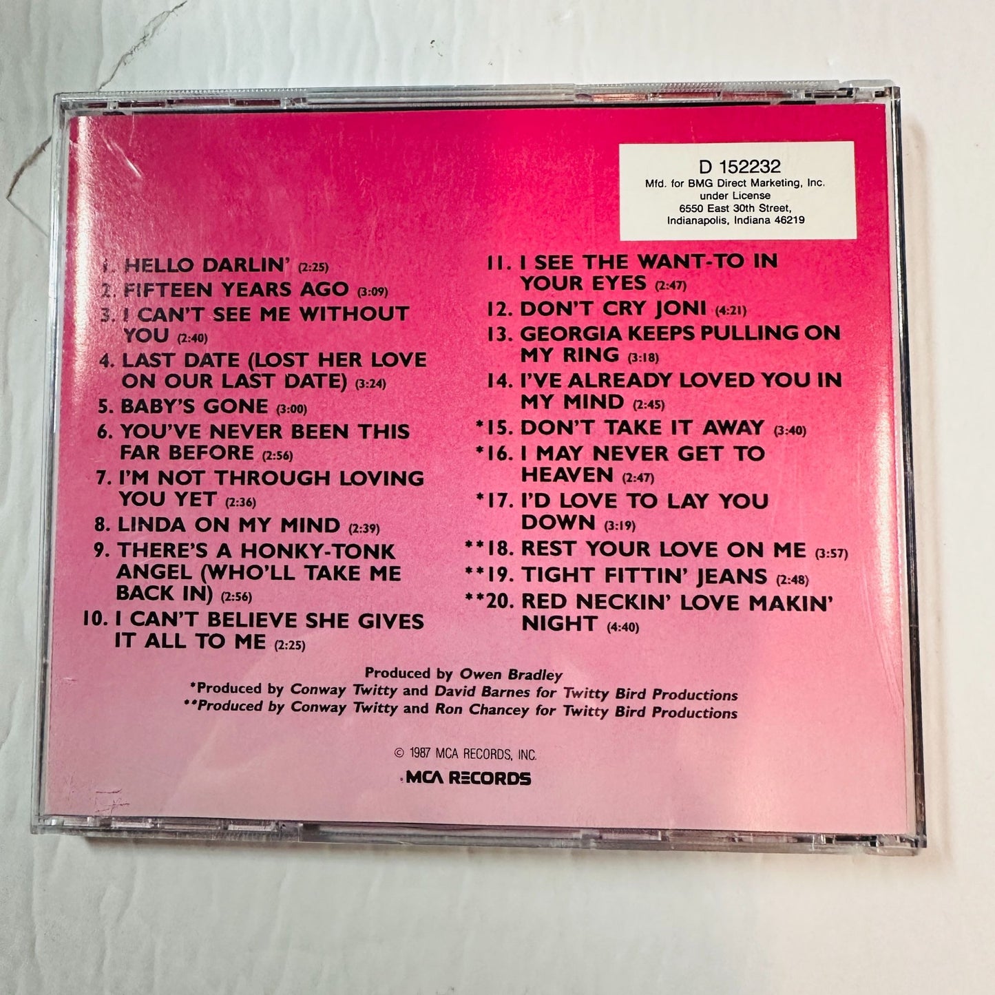 Conway Twitty 20 Greatest Hits CD Album