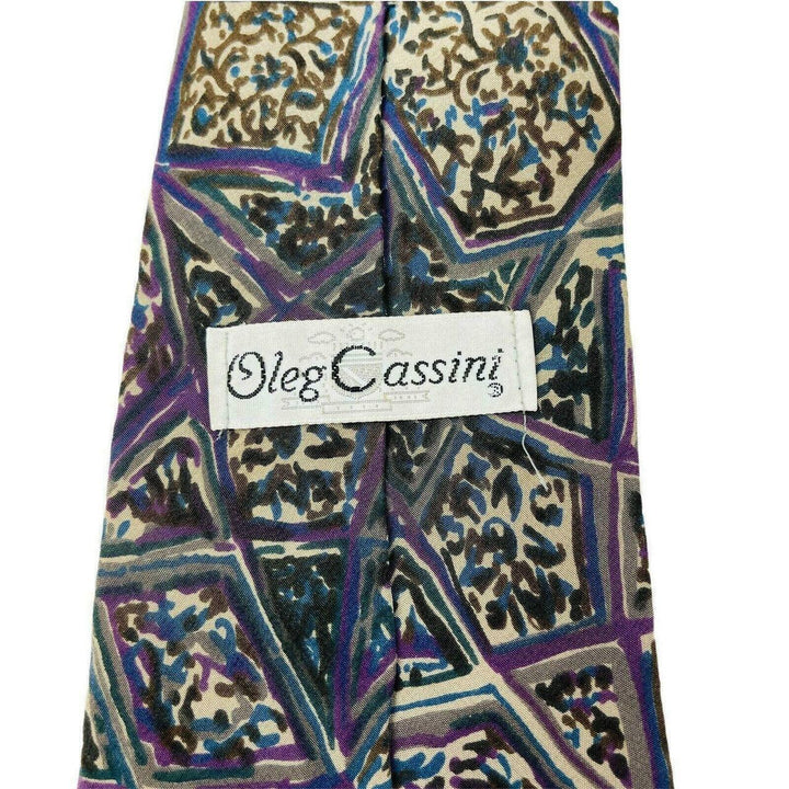 Oleg Cassini Men's Neck Tie Triangle Square Geometric Purple Black 100% Silk - Suthern Picker