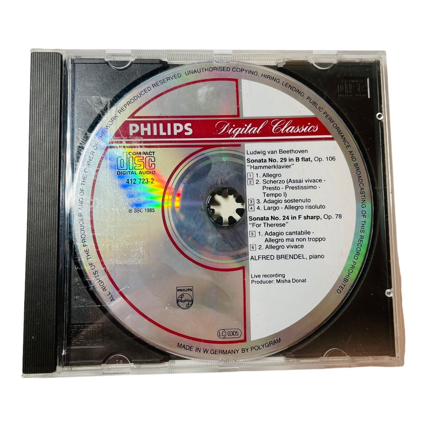Alfred Brendel Piano Ludwig van Beethoven Sonata No. 29 B flat No. 24 F Sharp CD