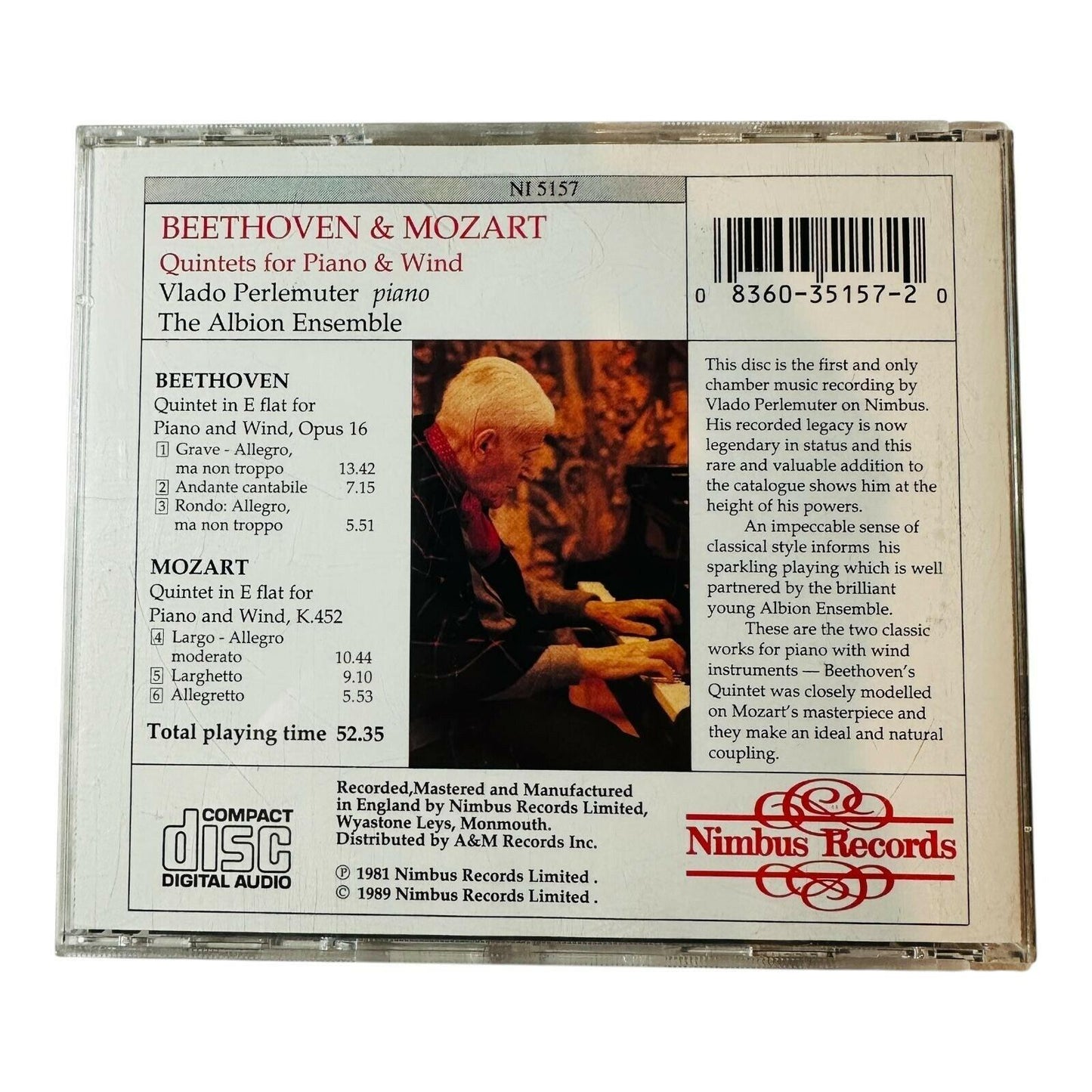 Beethoven & Mozart Quintets For Piano & Wind CD Vlado Perlemuter Albion Ensemble